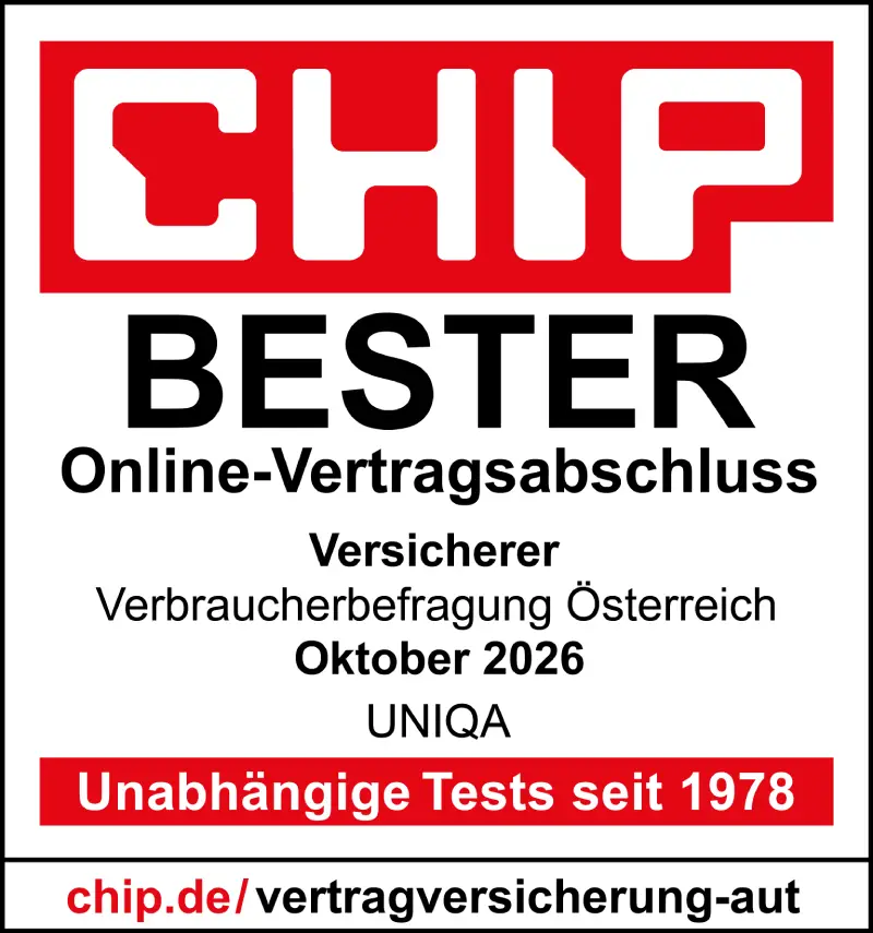 Gütesiegel CHIP mit rotem Logo und der Aufschrift: Bester Online-Vertragsabschluss – Versicherer – Verbraucherbefragung Österreich – Oktober 2026 – UNIQA.